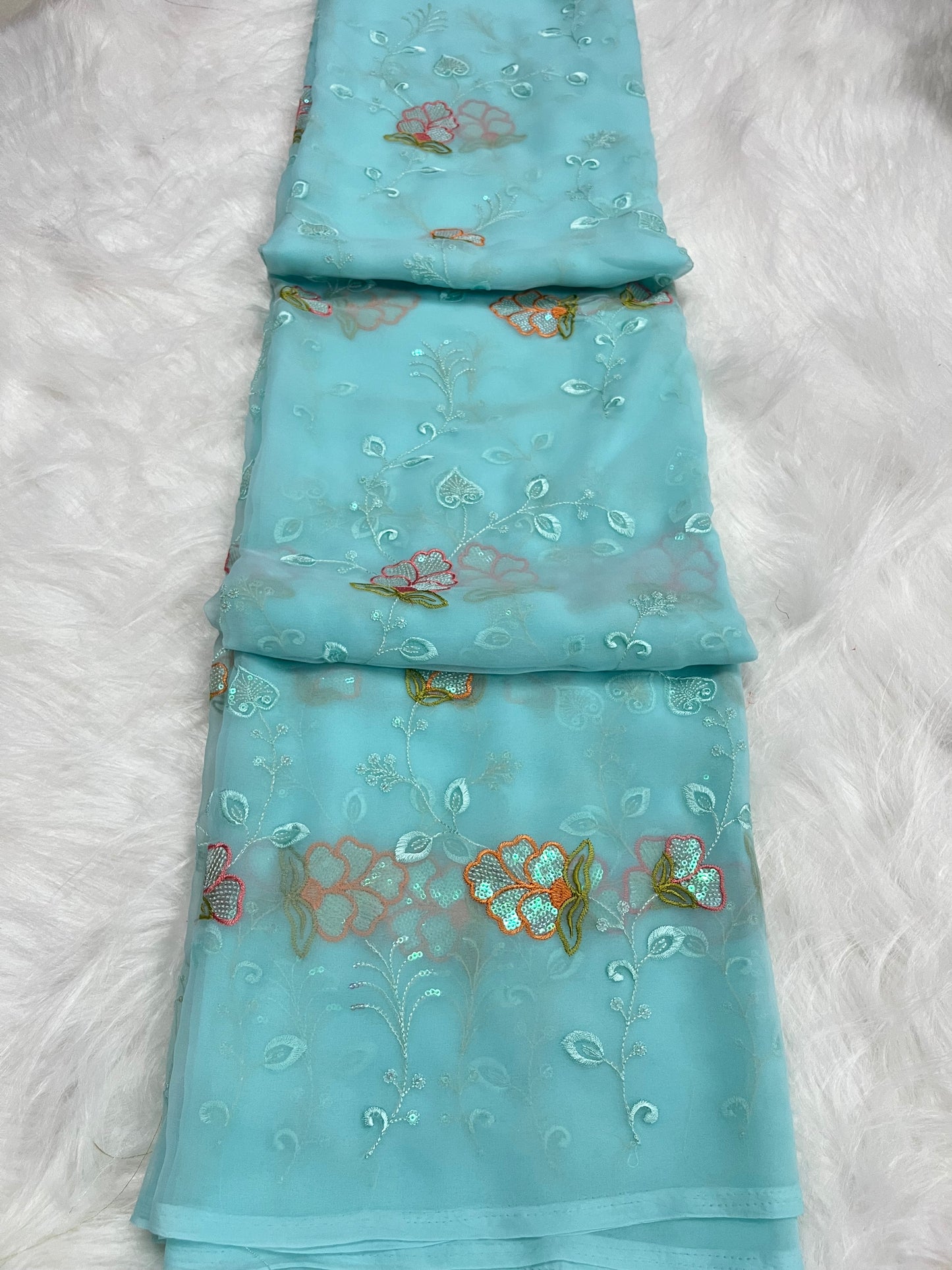 embroidary and sequence floral work sky colour