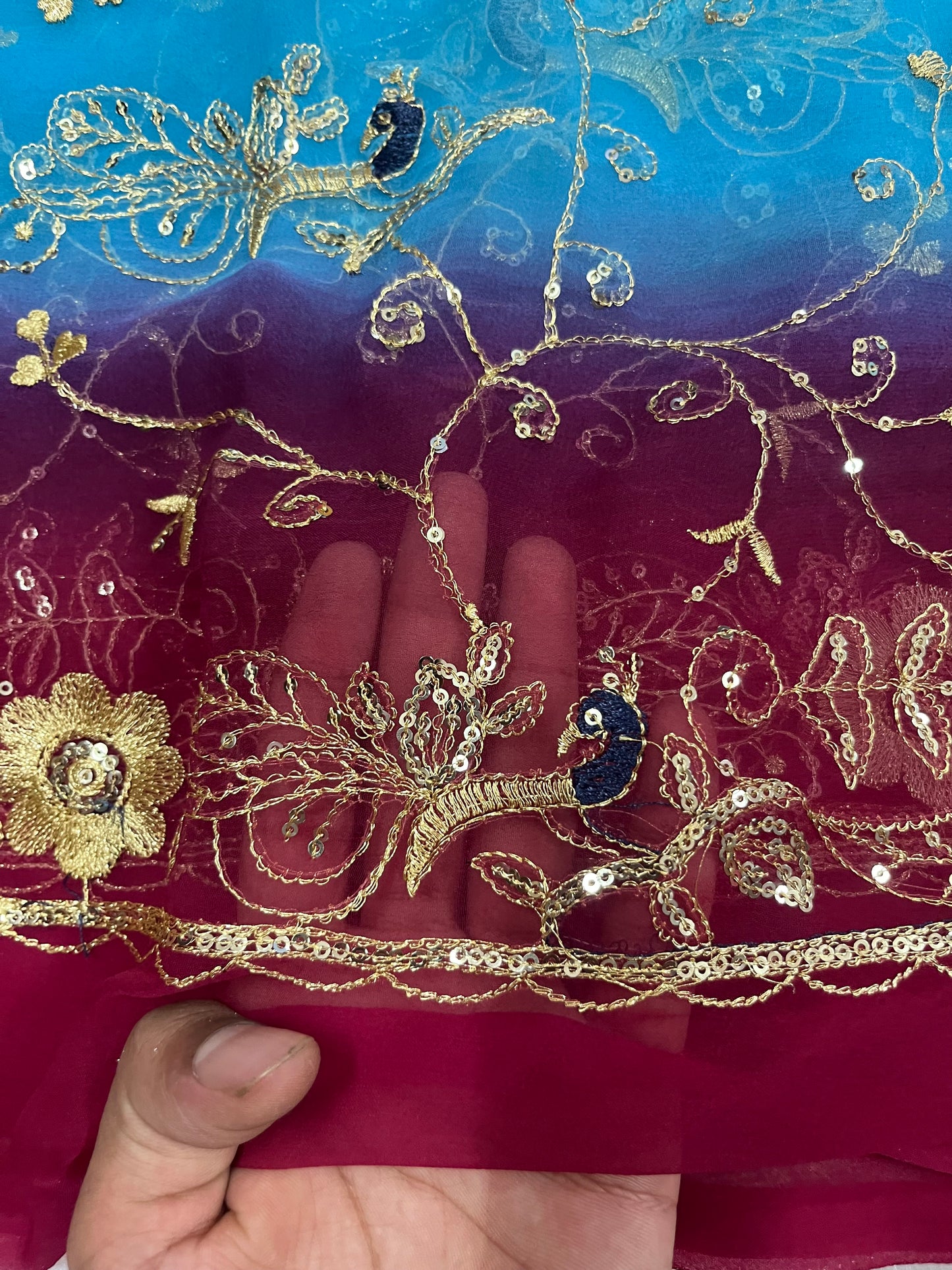 blue and rani shade mor jaal saree