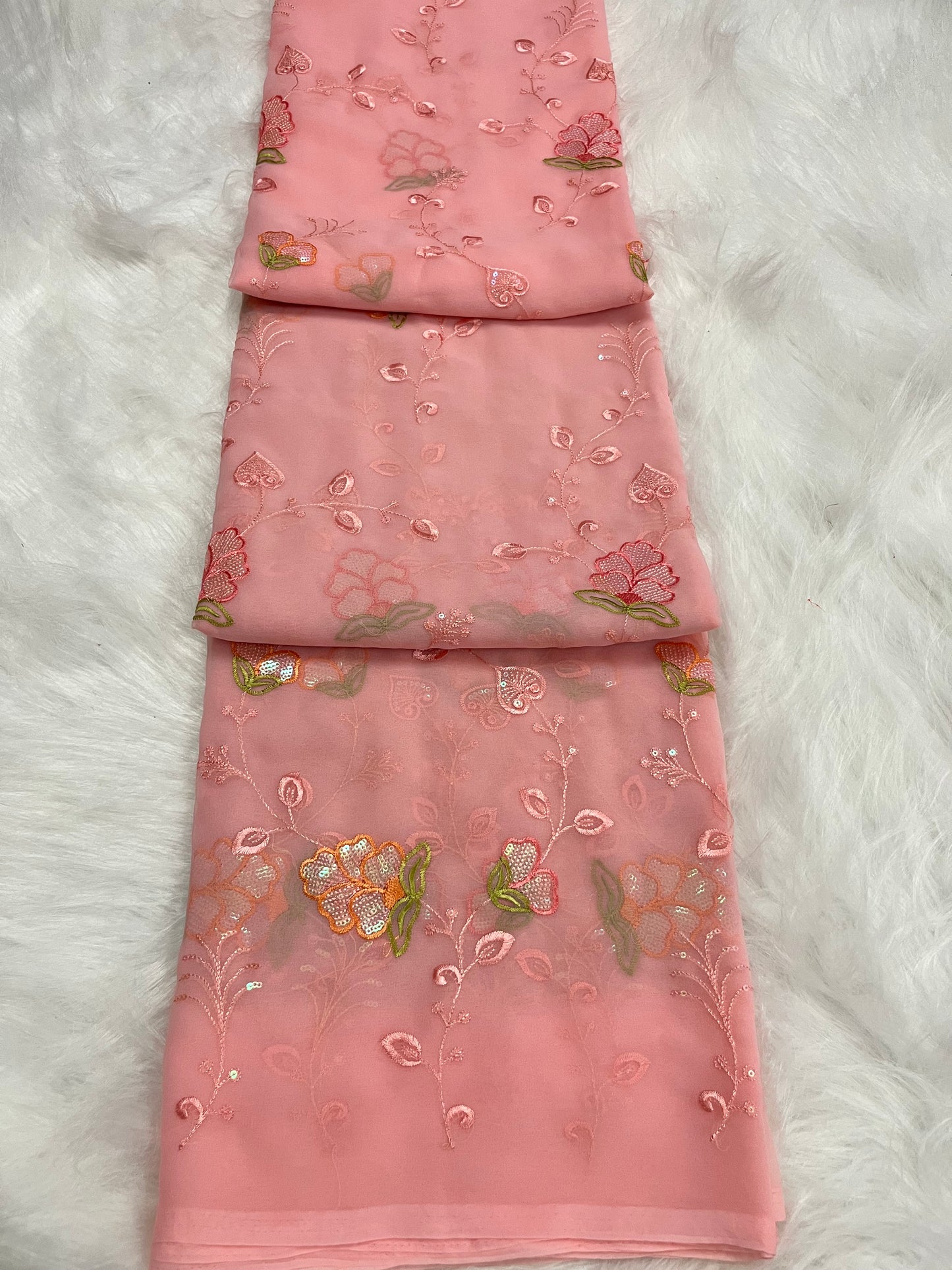 embroidary and sequence floral work peach colour