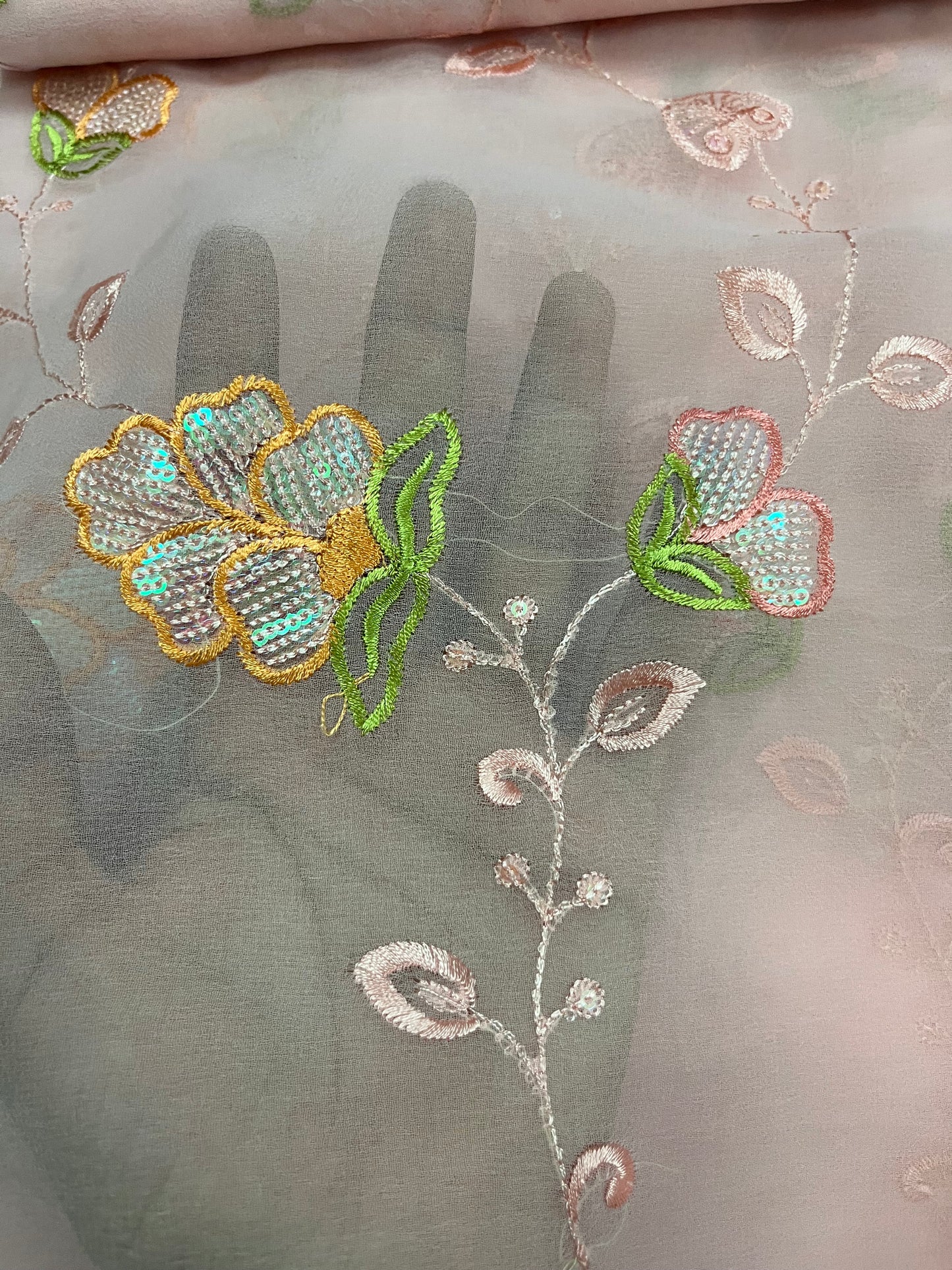 embroidary and sequence floral work peach colour