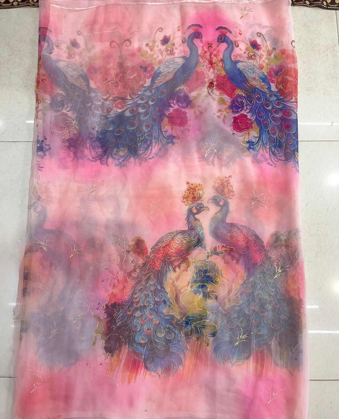 Peacock foil print saree