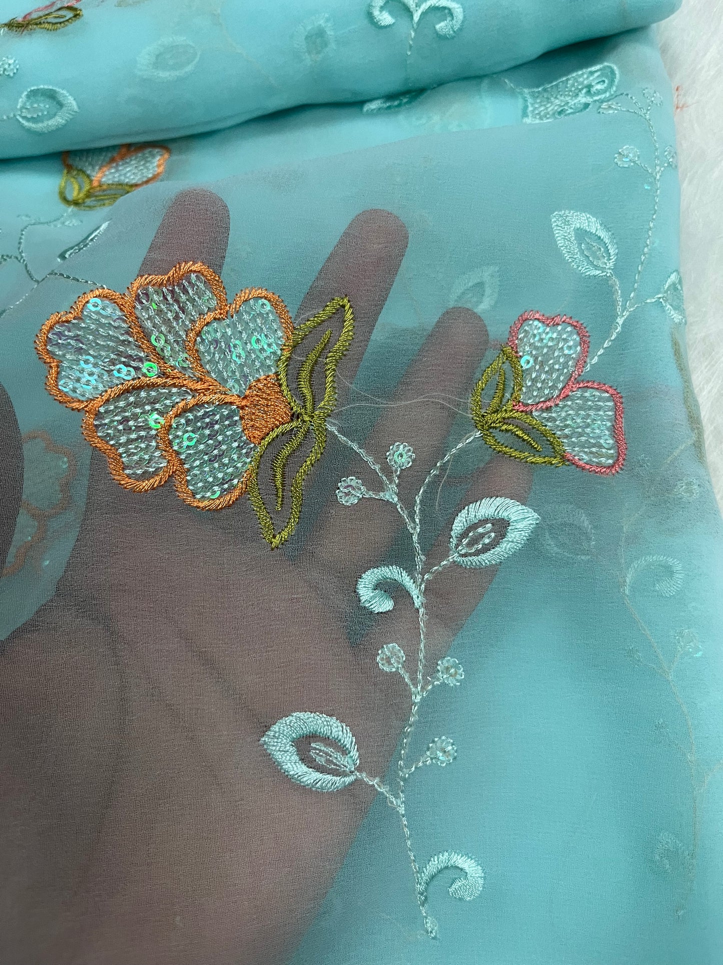 embroidary and sequence floral work sky colour