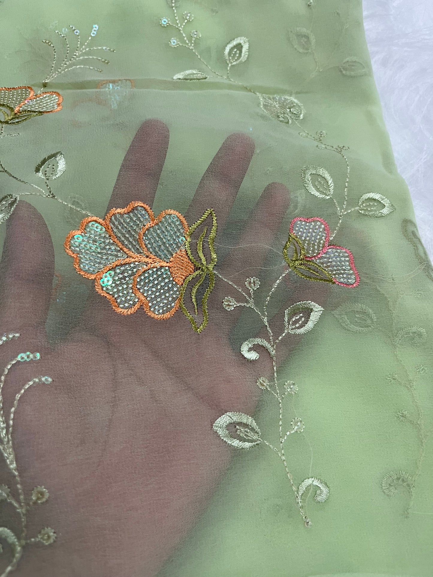 embroidary and sequence floral work elaichi green colour