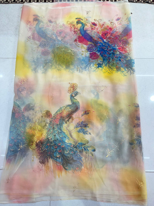 Peacock foil print saree