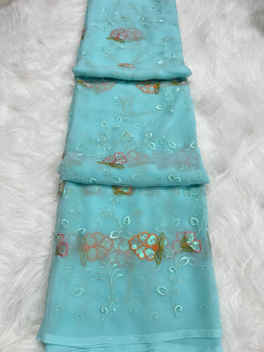 embroidary and sequence floral work sky colour