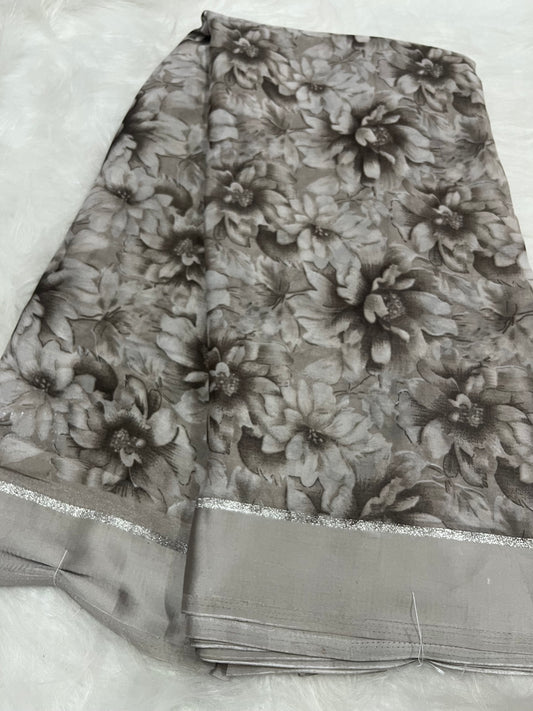 grey with black floral satan border sareee