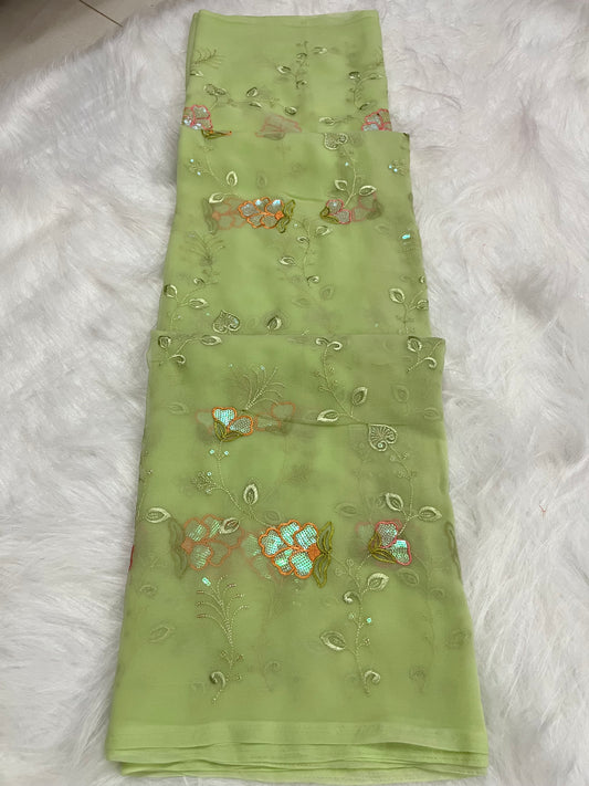 embroidary and sequence floral work elaichi green colour
