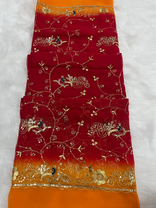 red and yellow mor jaal saree