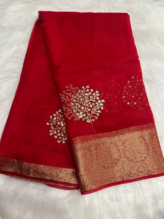 Organza zari border and butti work with blouse