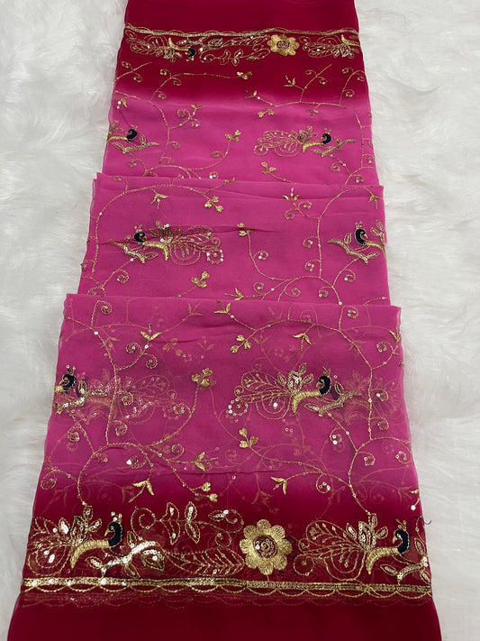 red and baby pink mor jaal saree