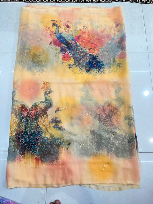 Peacock foil print saree