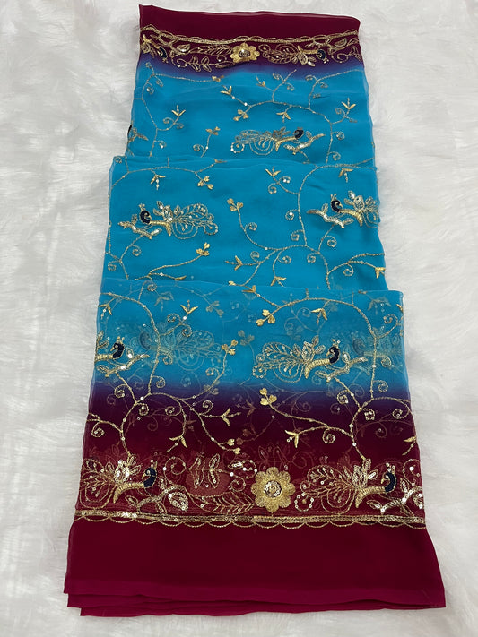 blue and rani shade mor jaal saree